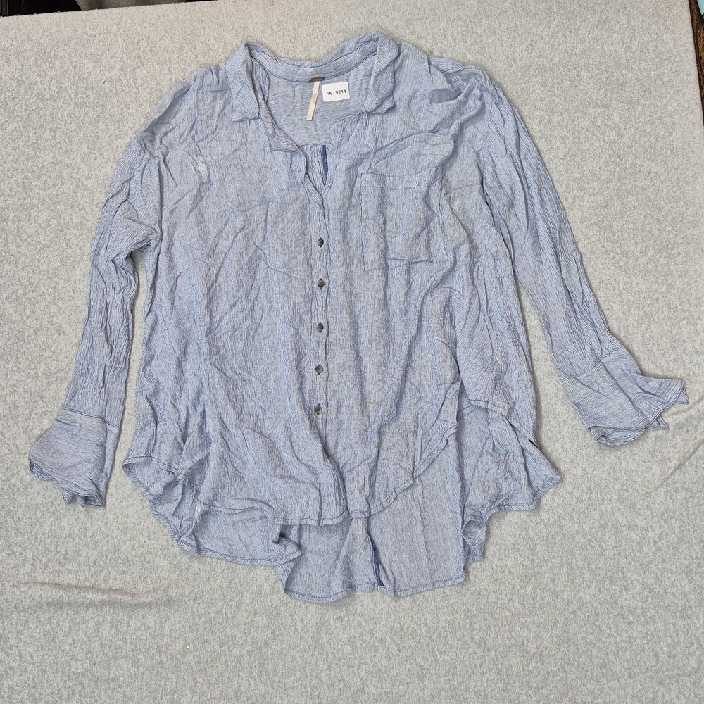 Free People Women Blouse S/P Blue Striped Boho V-Neck Front Long Sleeve